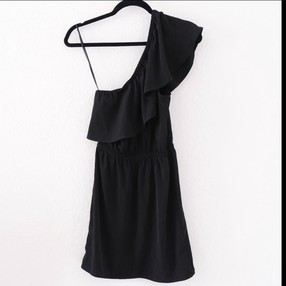 Express One Shoulder Black Mini Dress Ruffle Skater LBD Cocktail Wedding Guest - Picture 3 of 6